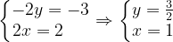 \dpi{120} \left\{\begin{matrix} -2y=-3\\ 2x=2\; \; \; \; \; \end{matrix}\right.\Rightarrow \left\{\begin{matrix} y=\frac{3}{2}\\ x=1 \end{matrix}\right.